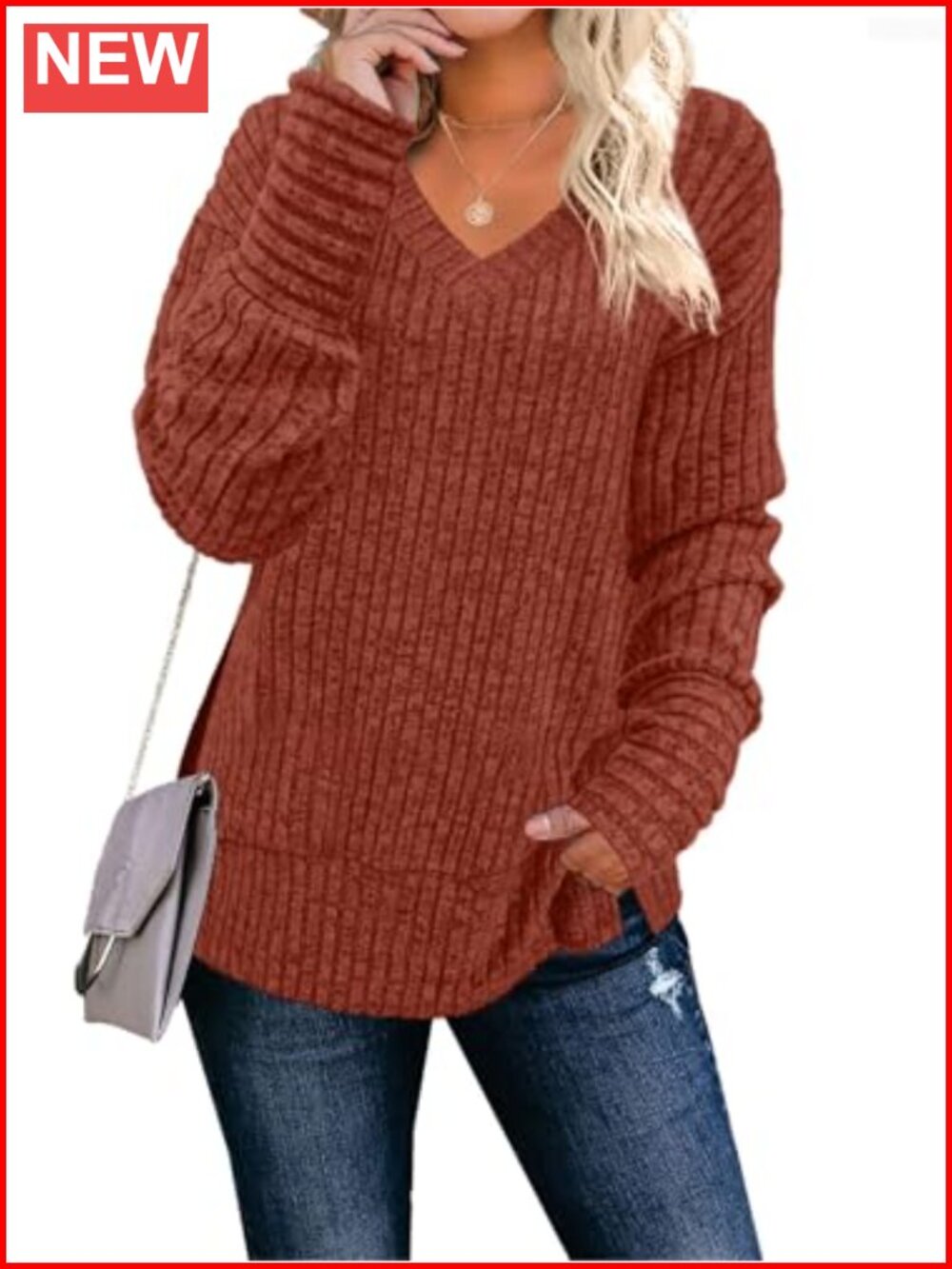 Womens Long Sleeve V Neck Sweater Loose Casual Pullover Top